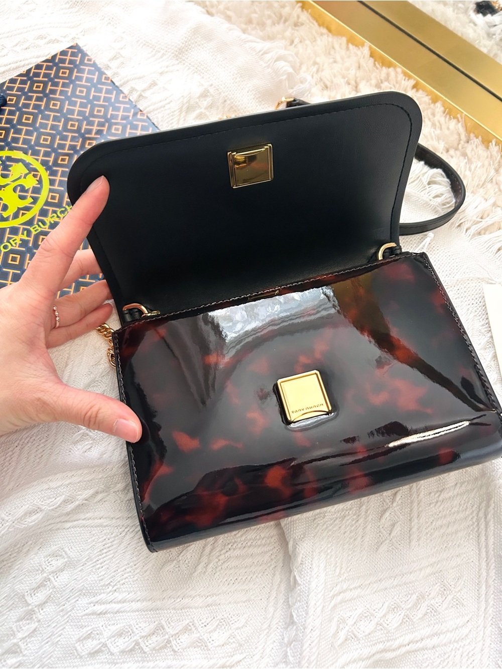NWT🌞Tory Burch Emerson Tortoise Patent Wallet on Chain 165943 Crossbody Bag Gift - Picture 3 of 6